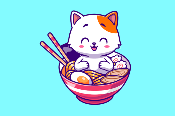 Download Cute Cat in Ramen Noodle Bowl Cartoon - Cute Collection