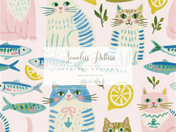 Download Cute Pastel Cat Seamless Pattern with Fish and Lemons - Cute Collection